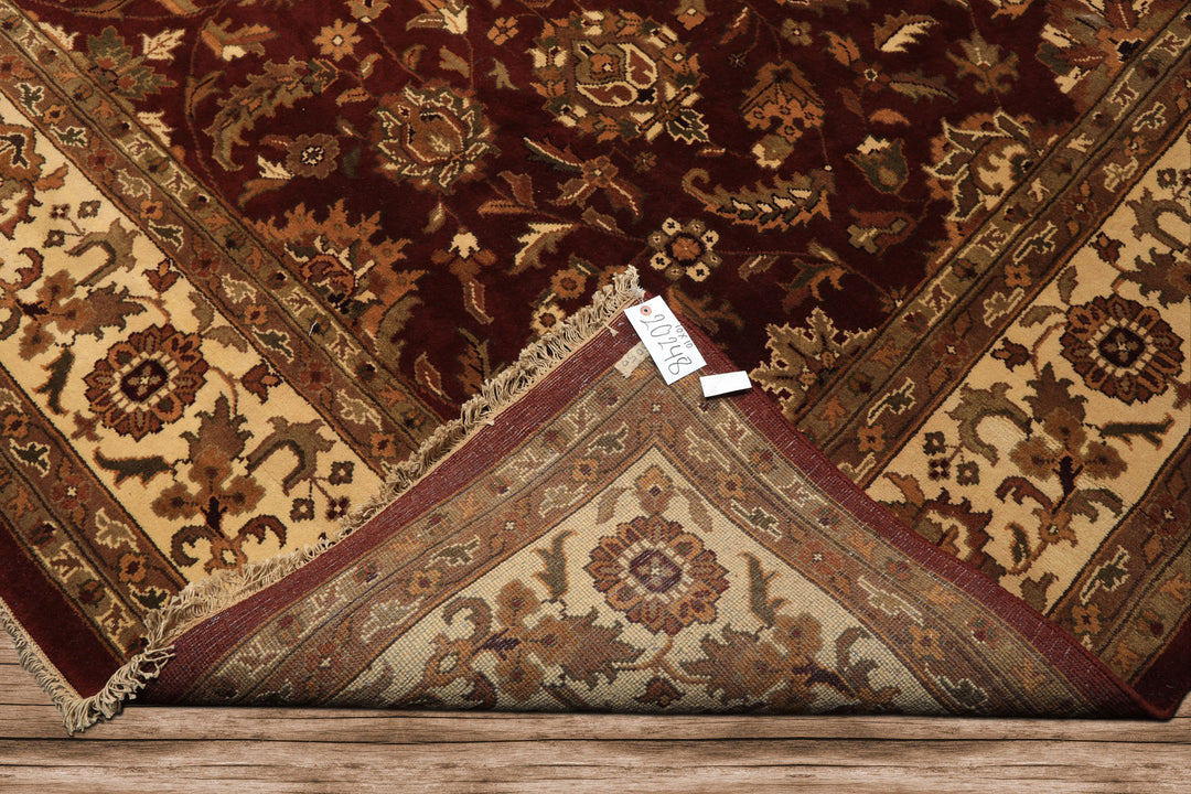 Square Maroon, Ivory, Moss Color Hand Knotted Agra Wool Traditional Oriental Rug