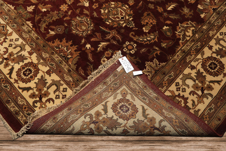 Square Maroon, Ivory, Moss Color Hand Knotted Agra Wool Traditional Oriental Rug