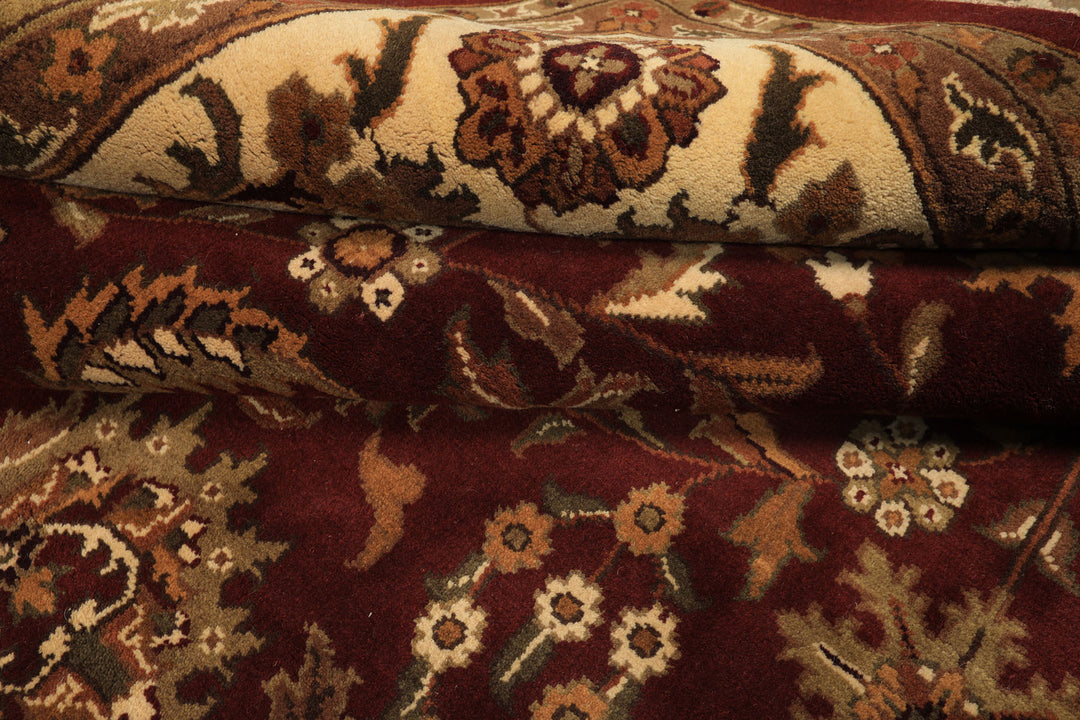 Square Maroon, Ivory, Moss Color Hand Knotted Agra Wool Traditional Oriental Rug