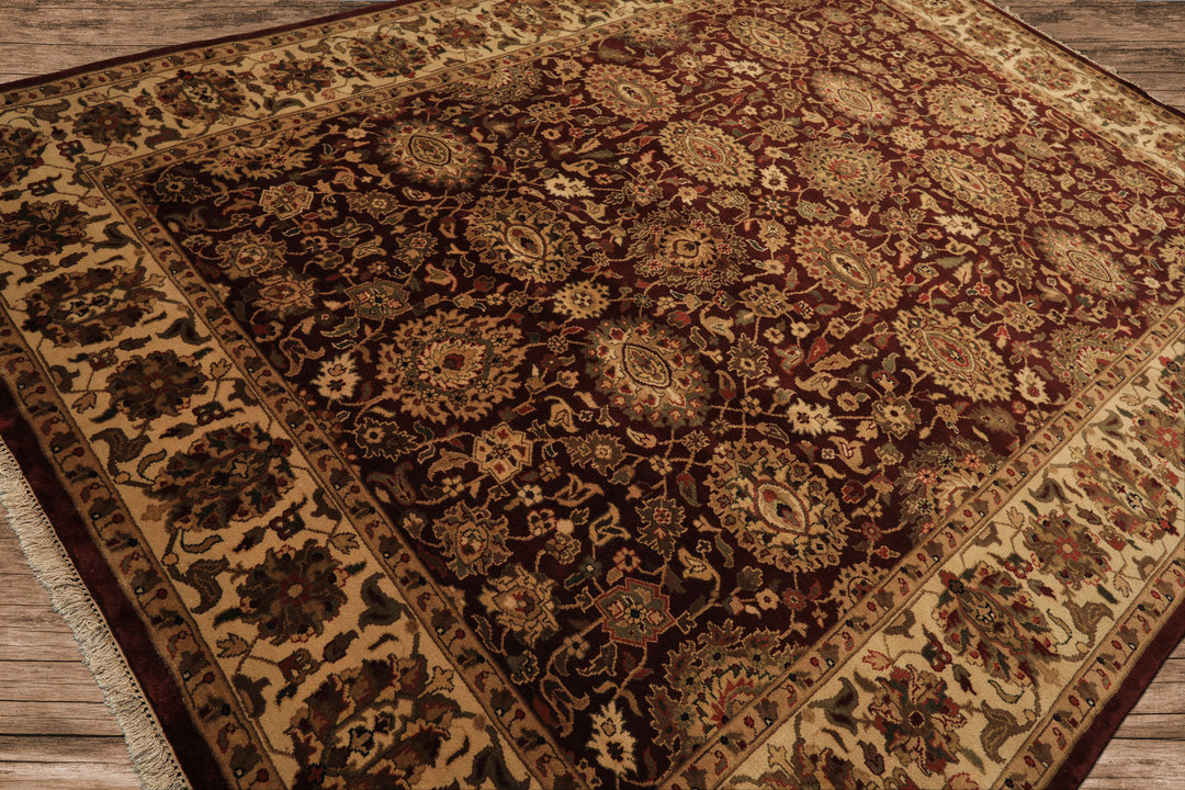 8x11 Maroon, Ivory, Green Color Hand Knotted Agra New Zealand Wool Traditional Oriental Rug