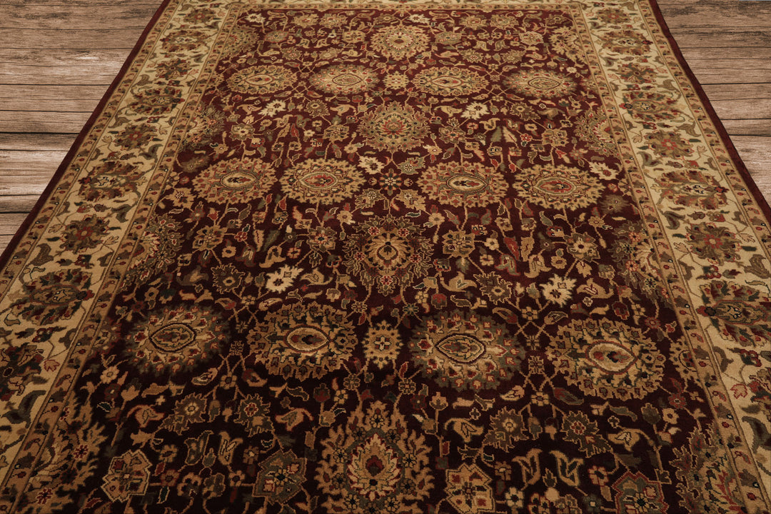 8x11 Maroon, Ivory, Green Color Hand Knotted Agra New Zealand Wool Traditional Oriental Rug