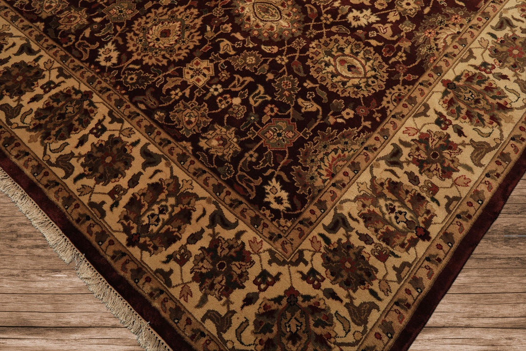 8x11 Maroon, Ivory, Green Color Hand Knotted Agra New Zealand Wool Traditional Oriental Rug