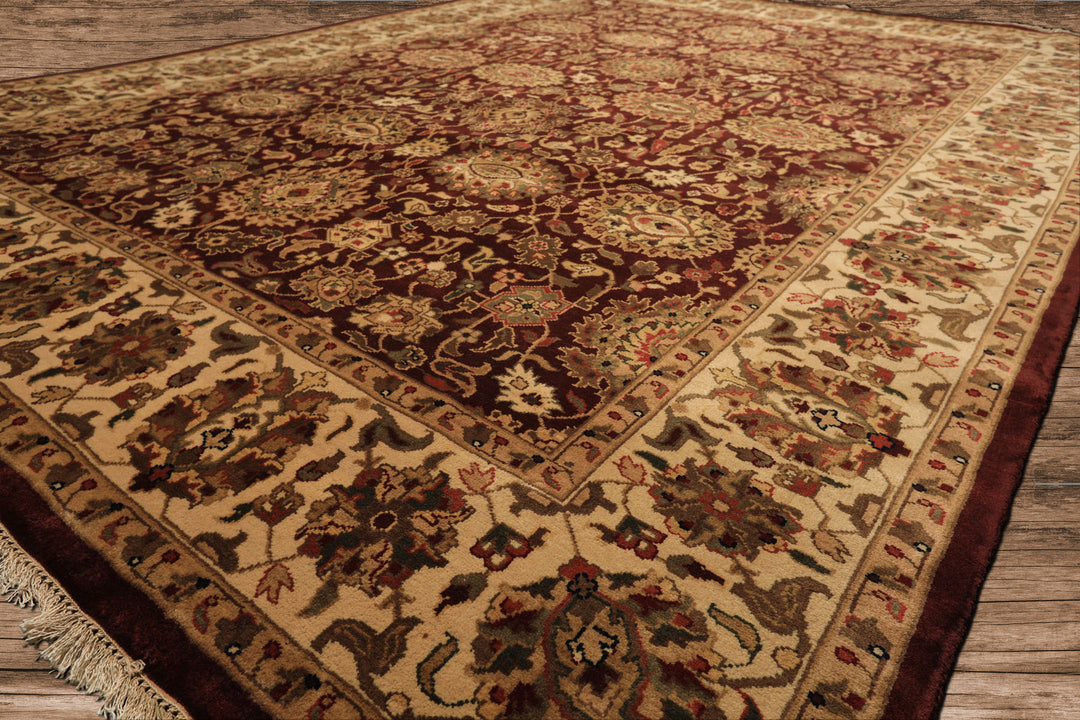 8x11 Maroon, Ivory, Green Color Hand Knotted Agra New Zealand Wool Traditional Oriental Rug