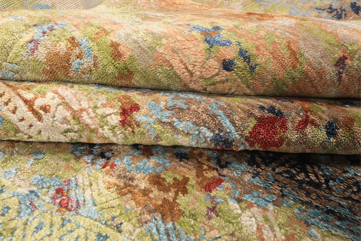 6x9 Lime, Navy, Coral Color Hand Knotted Sherpa Bamboo Silk Transitional Oriental Rug