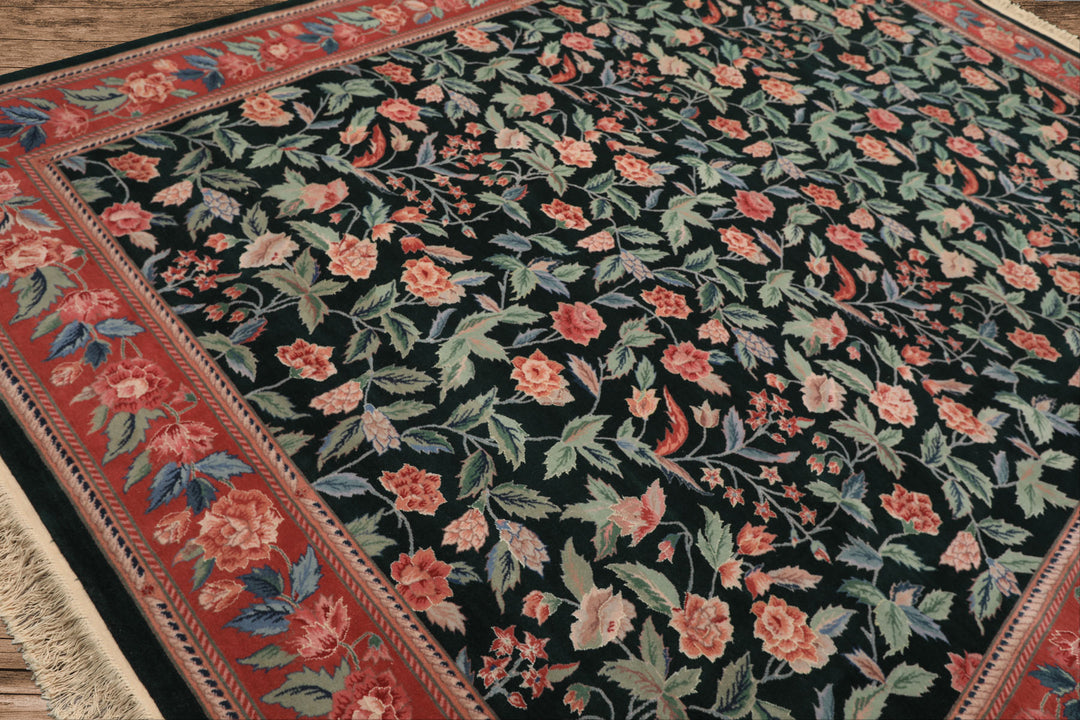 9x12 Emerald, Rose, Aqua Color Hand Knotted Pak Persian Wool &amp; Silk Arts &amp; Crafts Oriental Rug