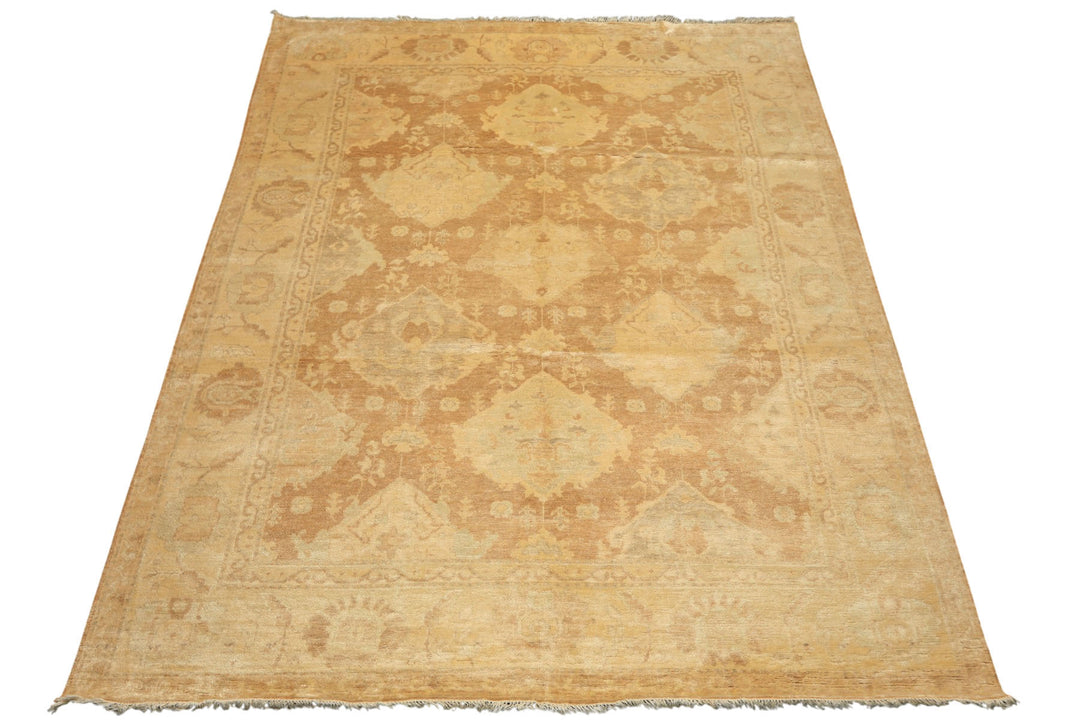 8x10 Tan, Beige, Celadon Color Hand Knotted Oushak New Zealand Wool Transitional Oriental Rug
