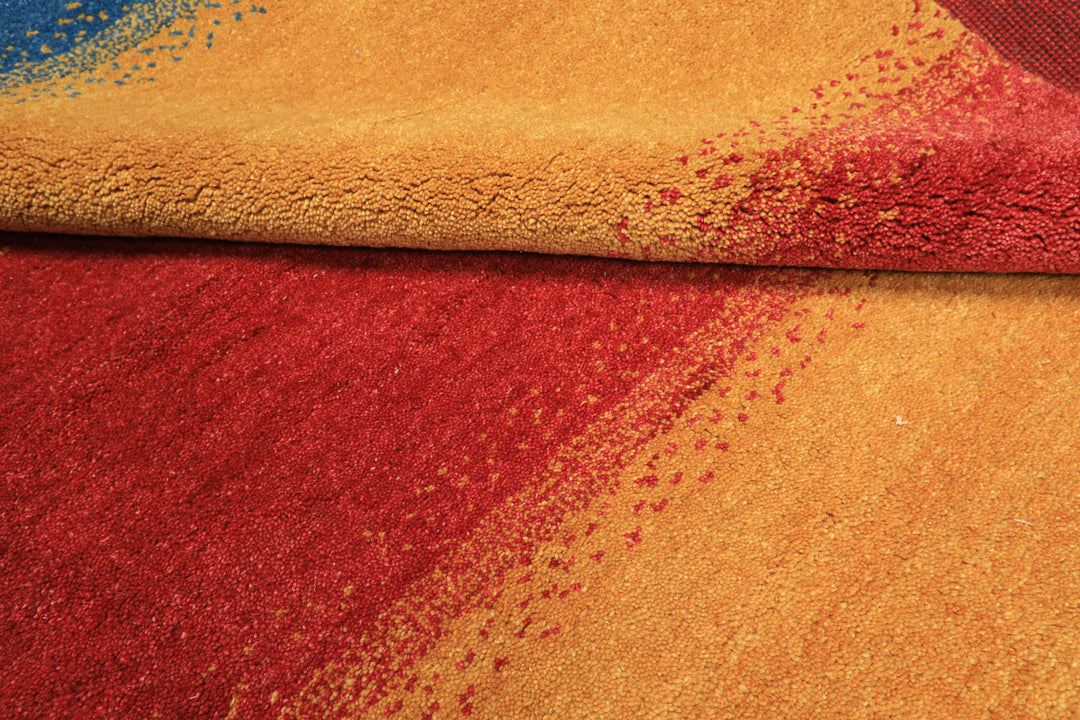 8x11 Gold, Rasberry, Aqua Color Hand Knotted Indo Gabbeh Wool Modern &amp; Contemporary Oriental Rug