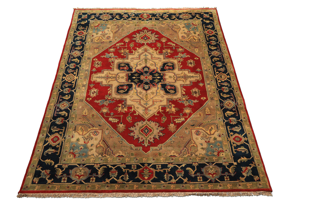 8x10 Red, Teal, Sage Color Hand Knotted Indo Heriz Wool Traditional Oriental Rug