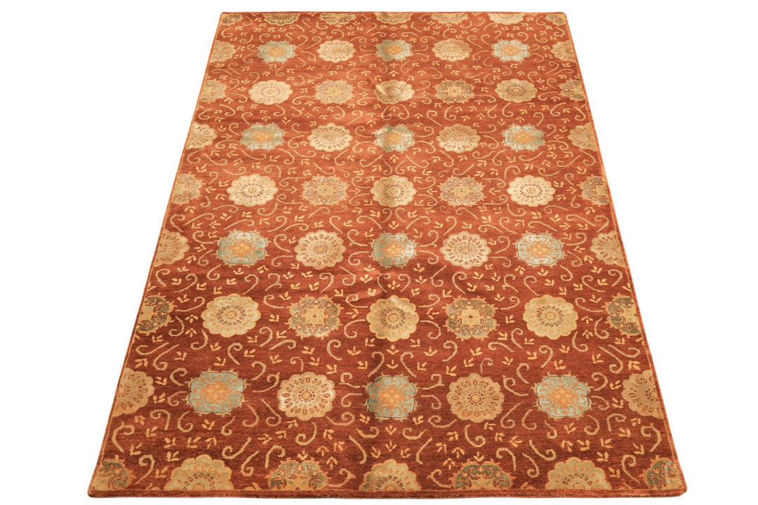 6x9 Burnt Orange, Mint, Blue Color Hand Knotted Tibetan Wool &amp; Bamboo Silk Transitional Oriental Rug