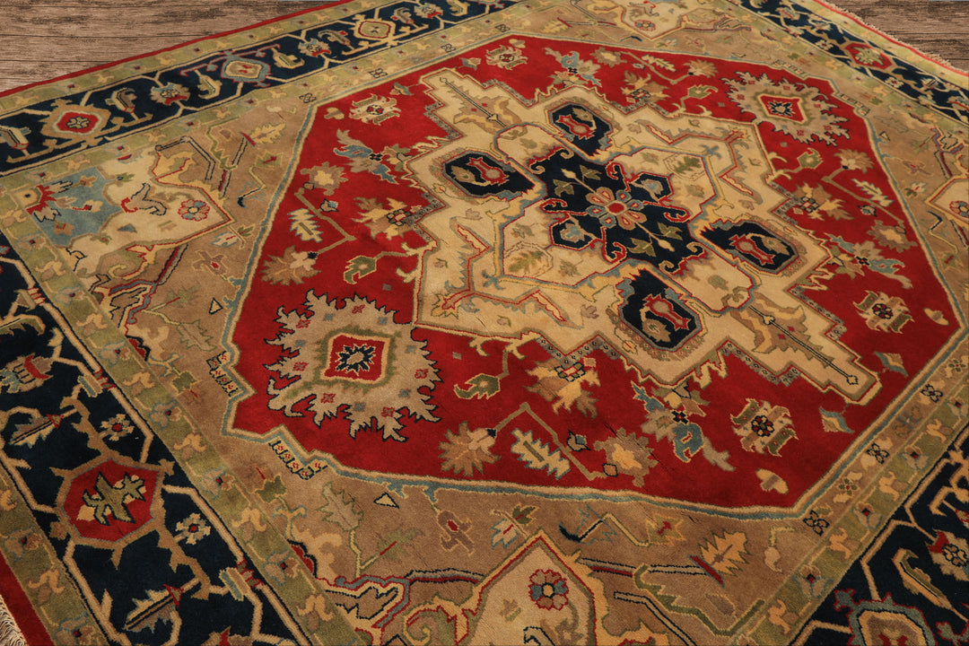 8x10 Red, Teal, Sage Color Hand Knotted Indo Heriz Wool Traditional Oriental Rug