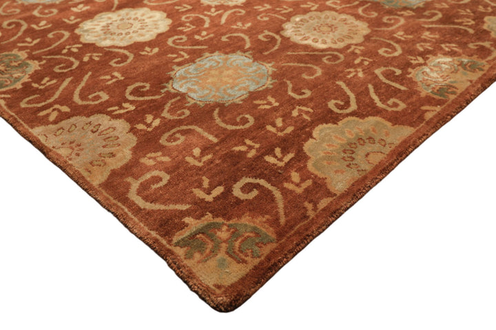 6x9 Burnt Orange, Mint, Blue Color Hand Knotted Tibetan Wool &amp; Bamboo Silk Transitional Oriental Rug