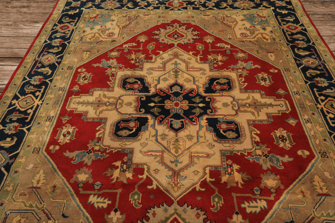 8x10 Red, Teal, Sage Color Hand Knotted Indo Heriz Wool Traditional Oriental Rug