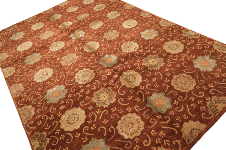 6x9 Burnt Orange, Mint, Blue Color Hand Knotted Tibetan Wool &amp; Bamboo Silk Transitional Oriental Rug