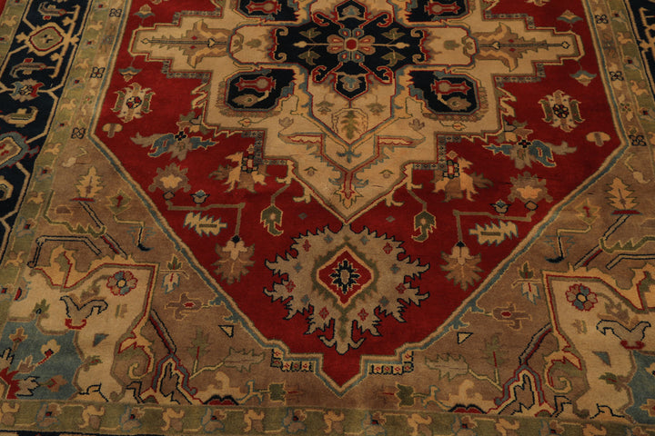 8x10 Red, Teal, Sage Color Hand Knotted Indo Heriz Wool Traditional Oriental Rug
