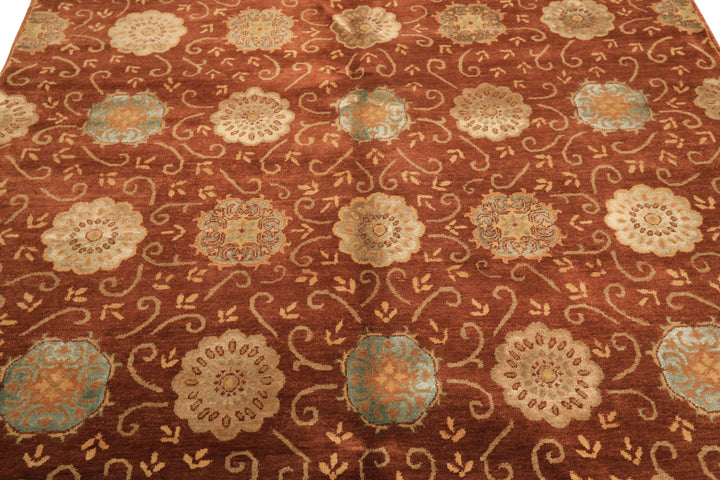 6x9 Burnt Orange, Mint, Blue Color Hand Knotted Tibetan Wool &amp; Bamboo Silk Transitional Oriental Rug