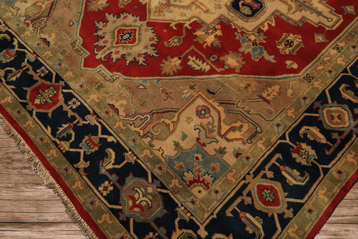 8x10 Red, Teal, Sage Color Hand Knotted Indo Heriz Wool Traditional Oriental Rug