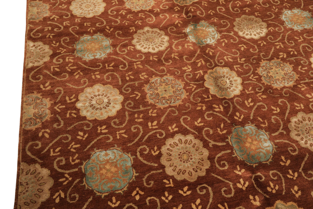 6x9 Burnt Orange, Mint, Blue Color Hand Knotted Tibetan Wool &amp; Bamboo Silk Transitional Oriental Rug