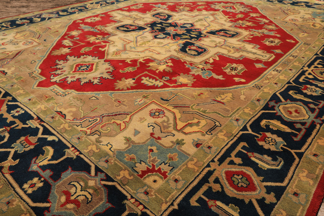8x10 Red, Teal, Sage Color Hand Knotted Indo Heriz Wool Traditional Oriental Rug