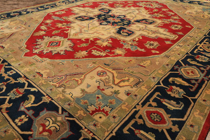 8x10 Red, Teal, Sage Color Hand Knotted Indo Heriz Wool Traditional Oriental Rug