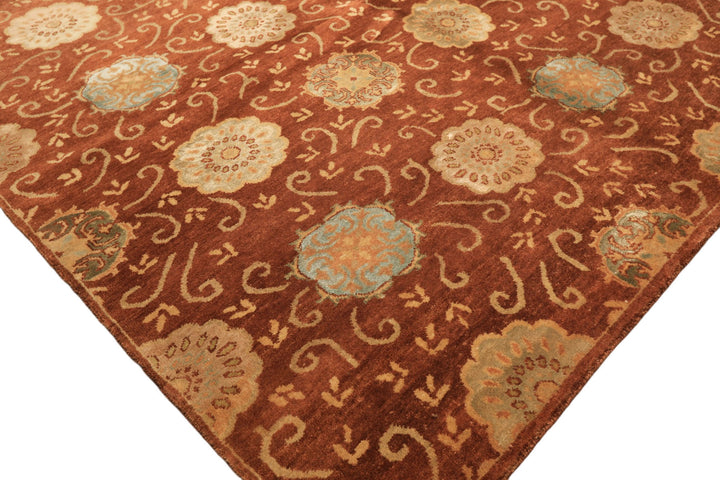 6x9 Burnt Orange, Mint, Blue Color Hand Knotted Tibetan Wool &amp; Bamboo Silk Transitional Oriental Rug