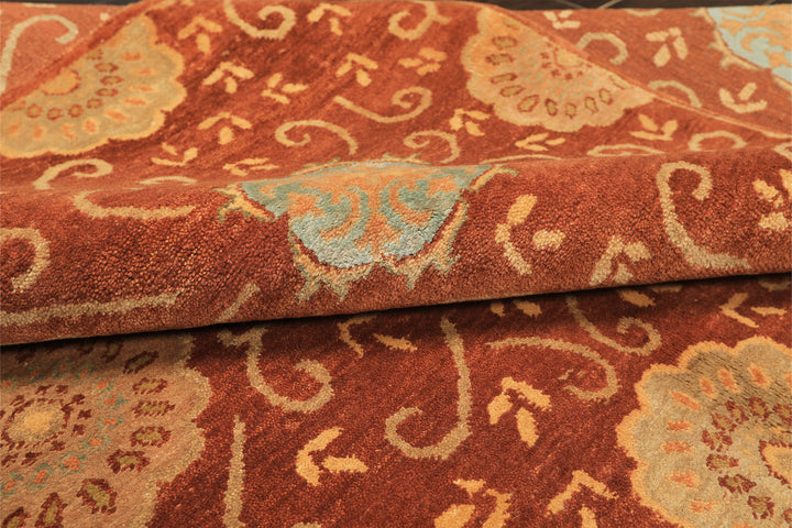 6x9 Burnt Orange, Mint, Blue Color Hand Knotted Tibetan Wool &amp; Bamboo Silk Transitional Oriental Rug