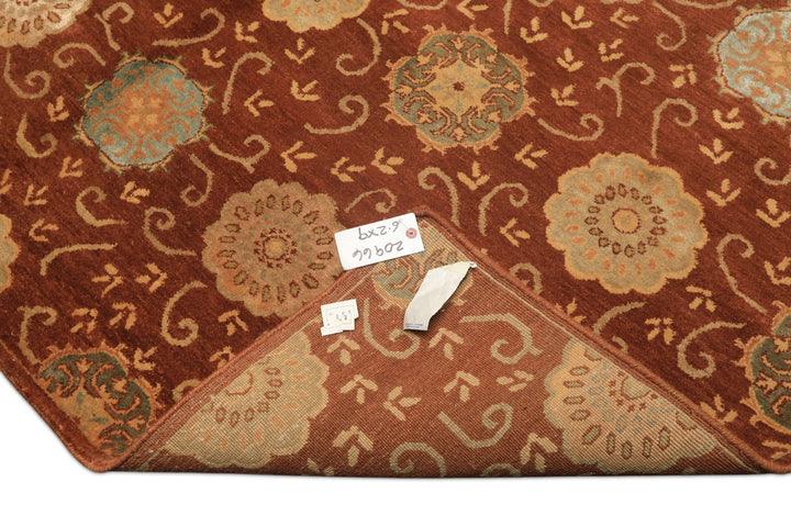 6x9 Burnt Orange, Mint, Blue Color Hand Knotted Tibetan Wool &amp; Bamboo Silk Transitional Oriental Rug