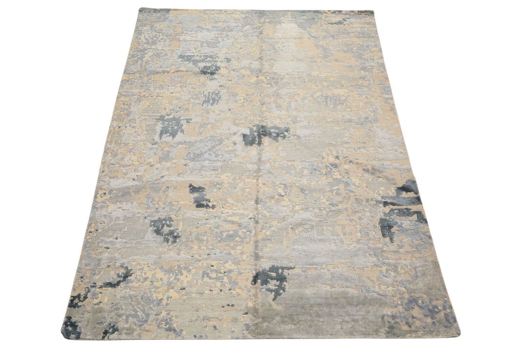 6x9 Beige, Gray, Blue Color Hand Knotted Sherpa Wool &amp; Bamboo Silk Transitional Oriental Rug