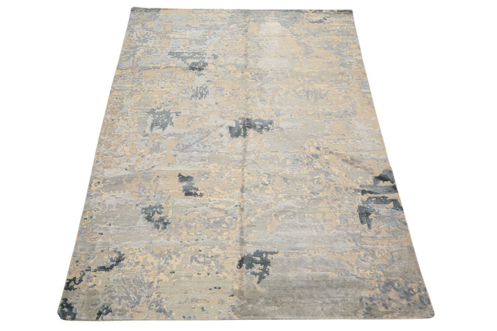 6x9 Beige, Gray, Blue Color Hand Knotted Sherpa Wool &amp; Bamboo Silk Transitional Oriental Rug