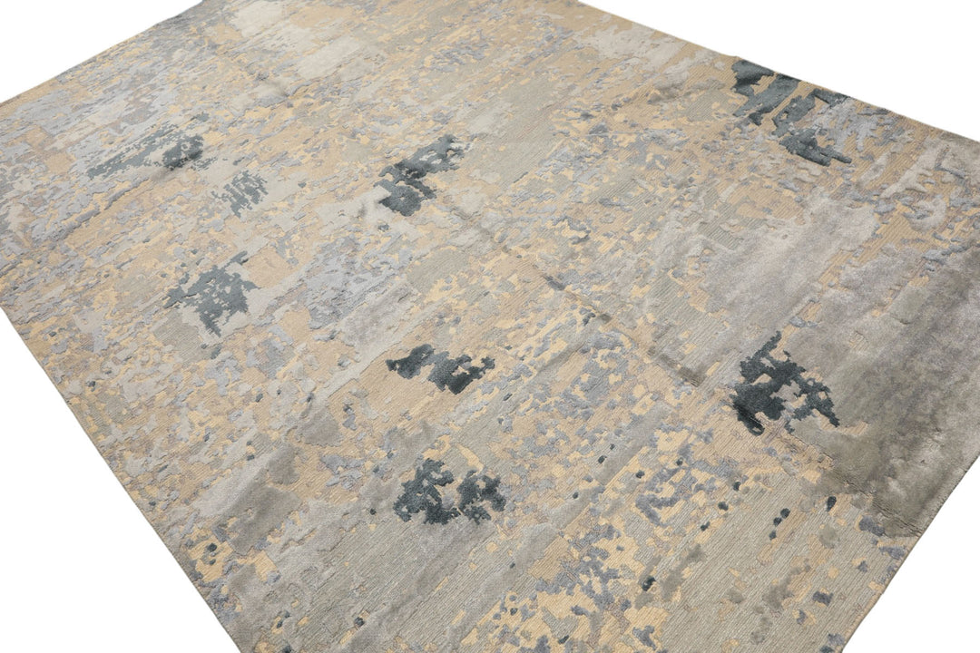 6x9 Beige, Gray, Blue Color Hand Knotted Sherpa Wool &amp; Bamboo Silk Transitional Oriental Rug