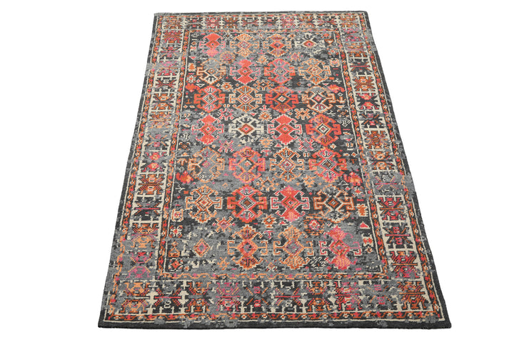 6x9 Gray, Ivory, Caramel Color Hand Knotted Indo Tibetan Wool Transitional Oriental Rug