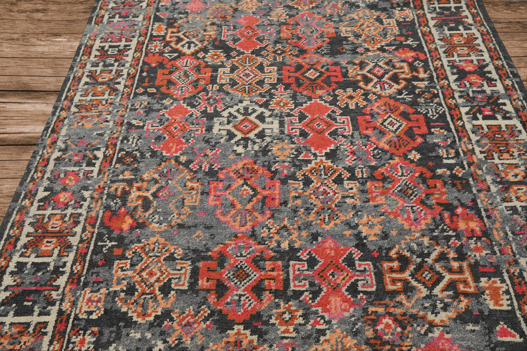 6x9 Gray, Ivory, Caramel Color Hand Knotted Indo Tibetan Wool Transitional Oriental Rug