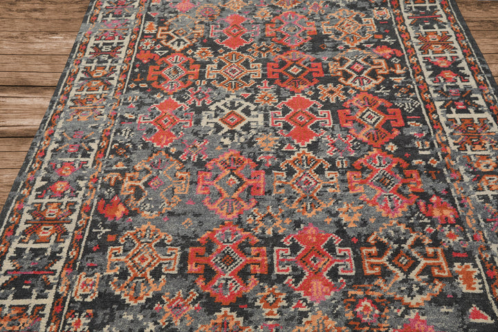 6x9 Gray, Ivory, Caramel Color Hand Knotted Indo Tibetan Wool Transitional Oriental Rug