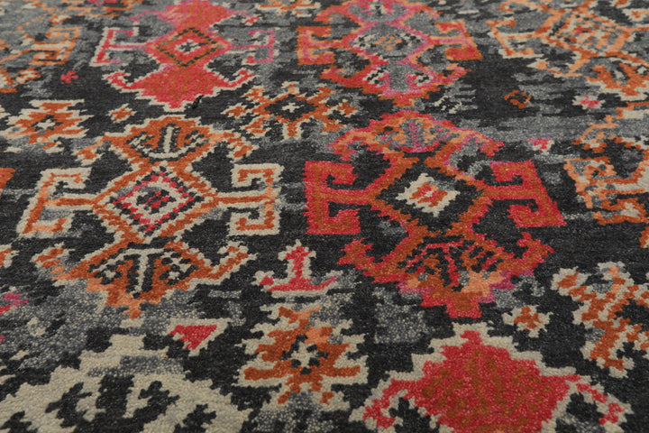 6x9 Gray, Ivory, Caramel Color Hand Knotted Indo Tibetan Wool Transitional Oriental Rug