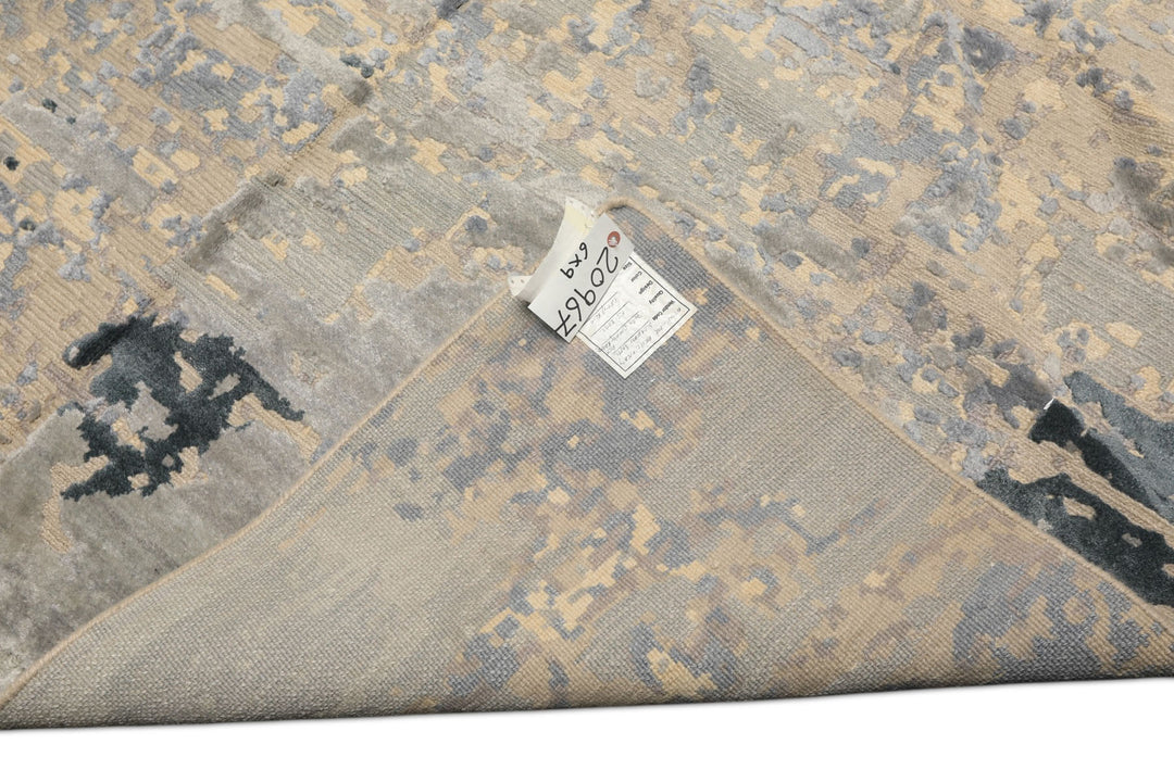 6x9 Beige, Gray, Blue Color Hand Knotted Sherpa Wool &amp; Bamboo Silk Transitional Oriental Rug