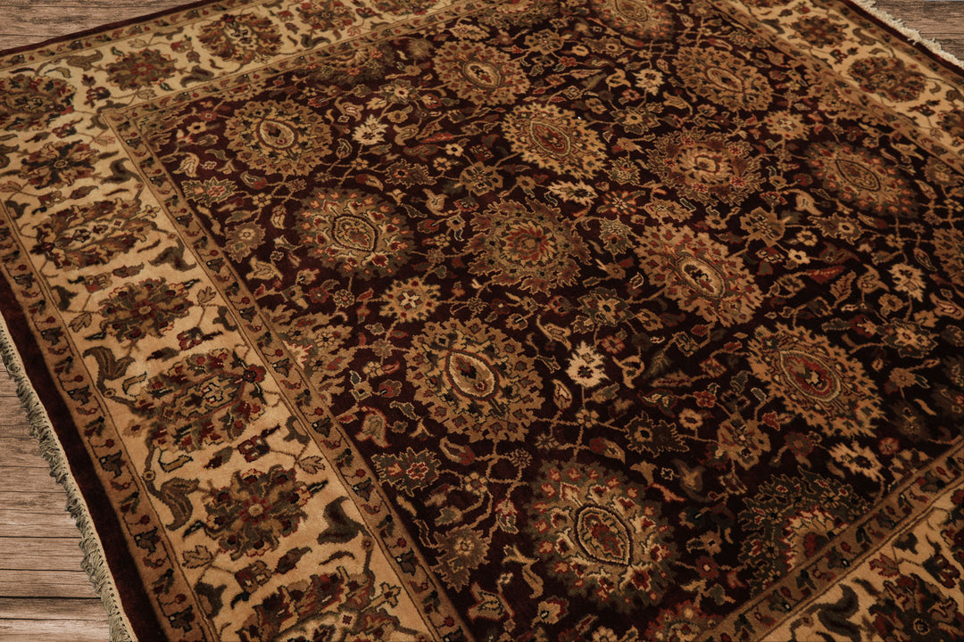 Square Chocolate, Ivory, Tan Color Hand Knotted Agra New Zealand Wool Traditional Oriental Rug
