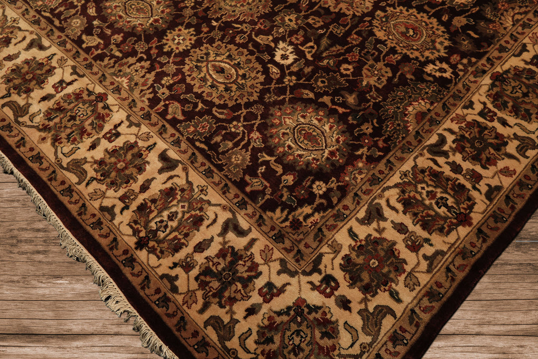 Square Chocolate, Ivory, Tan Color Hand Knotted Agra New Zealand Wool Traditional Oriental Rug