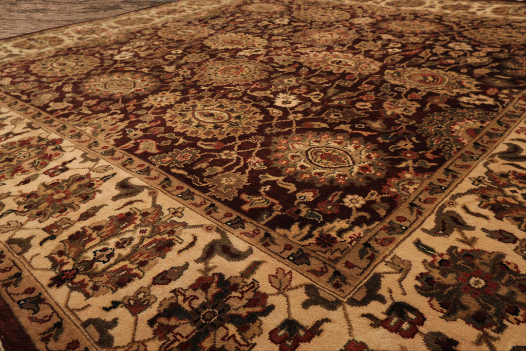 Square Chocolate, Ivory, Tan Color Hand Knotted Agra New Zealand Wool Traditional Oriental Rug