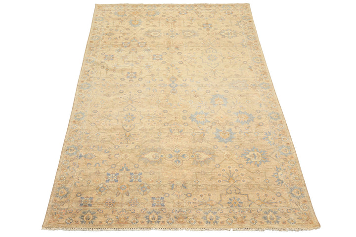 6x9 Beige, Aqua, Light Blue Color Hand Knotted Oushak Wool Transitional Oriental Rug