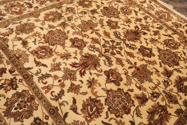 Square Ivory, Moss, Caramel Color Hand Knotted Agra Wool Traditional Oriental Rug