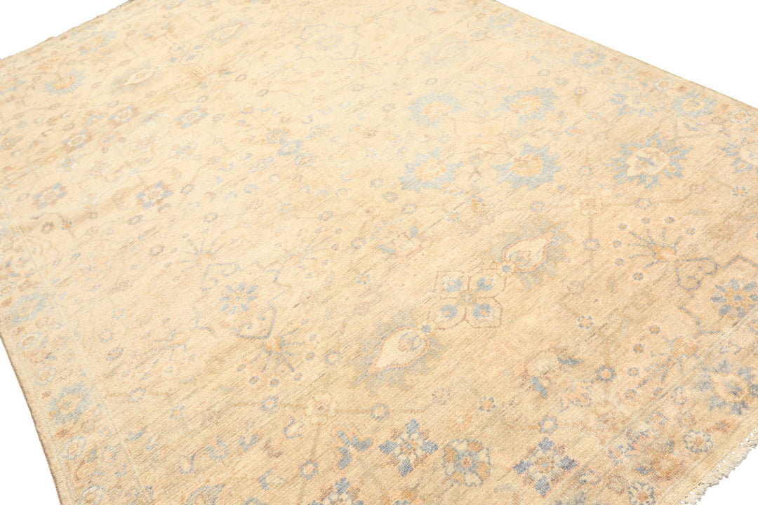 6x9 Beige, Aqua, Light Blue Color Hand Knotted Oushak Wool Transitional Oriental Rug