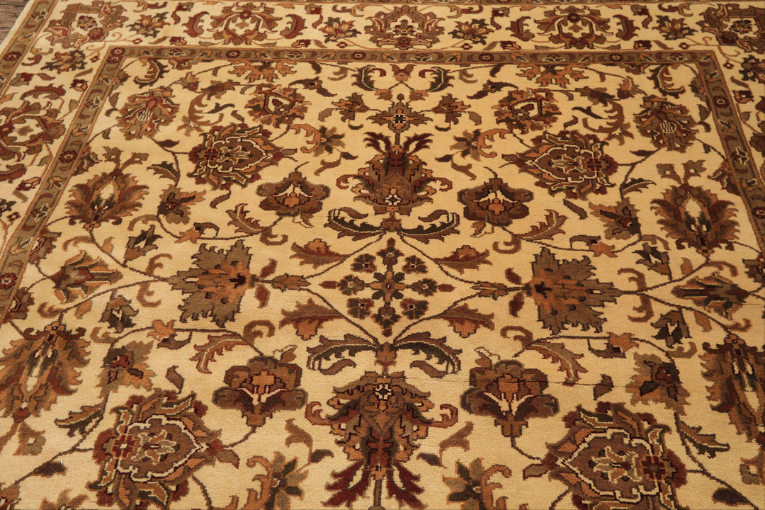Square Ivory, Moss, Caramel Color Hand Knotted Agra Wool Traditional Oriental Rug