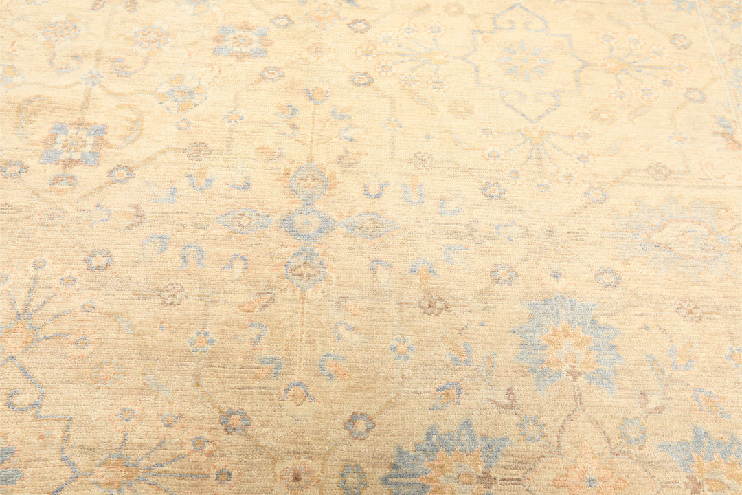 6x9 Beige, Aqua, Light Blue Color Hand Knotted Oushak Wool Transitional Oriental Rug