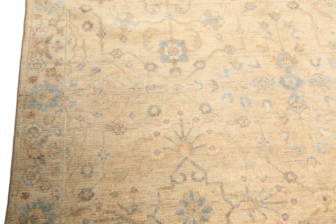 6x9 Beige, Aqua, Light Blue Color Hand Knotted Oushak Wool Transitional Oriental Rug