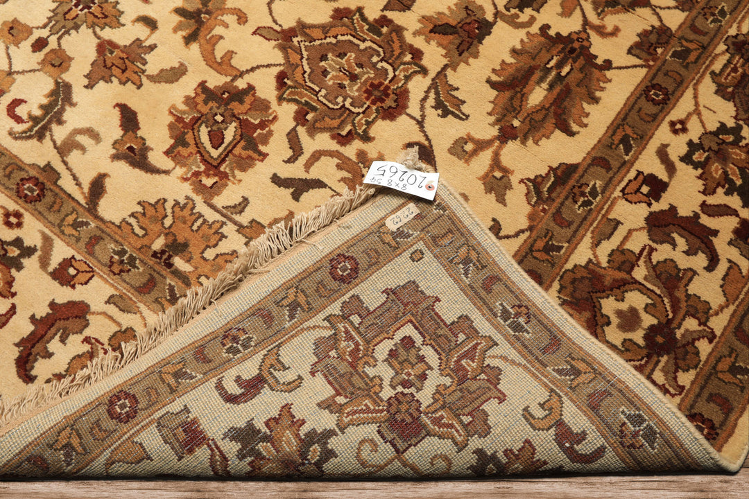 Square Ivory, Moss, Caramel Color Hand Knotted Agra Wool Traditional Oriental Rug