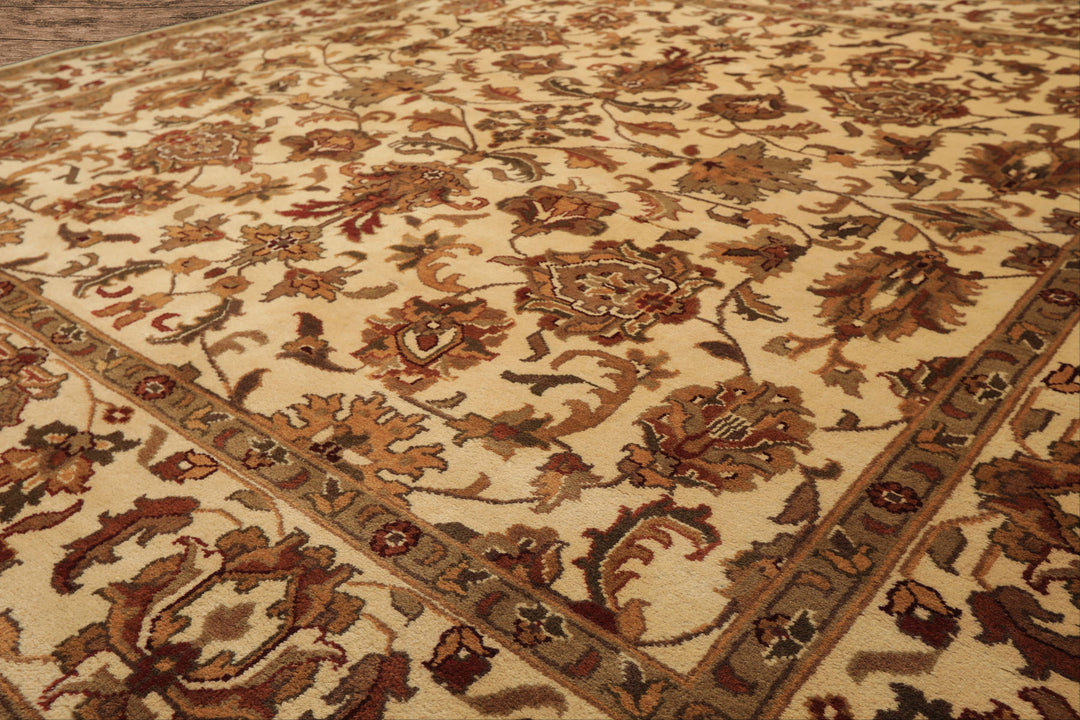 Square Ivory, Moss, Caramel Color Hand Knotted Agra Wool Traditional Oriental Rug