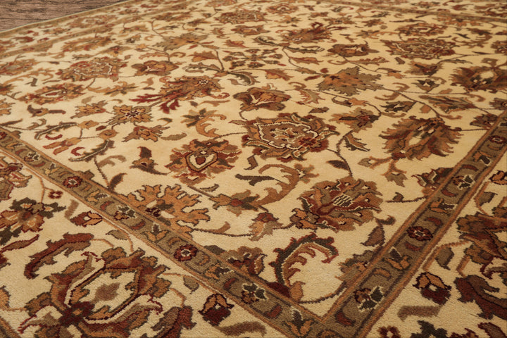 Square Ivory, Moss, Caramel Color Hand Knotted Agra Wool Traditional Oriental Rug