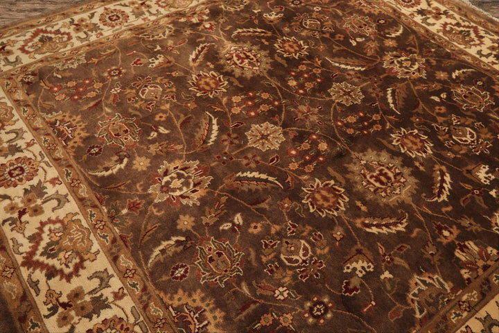 Square Brown, Ivory, Rust Color Hand Knotted Agra Wool Traditional Oriental Rug