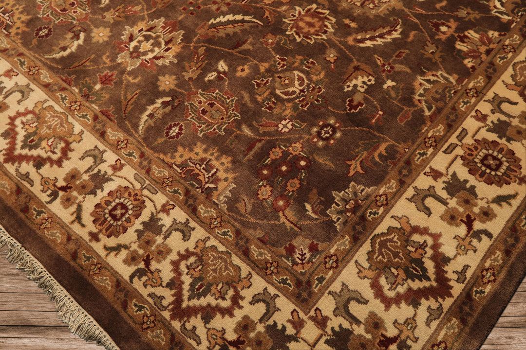 Square Brown, Ivory, Rust Color Hand Knotted Agra Wool Traditional Oriental Rug