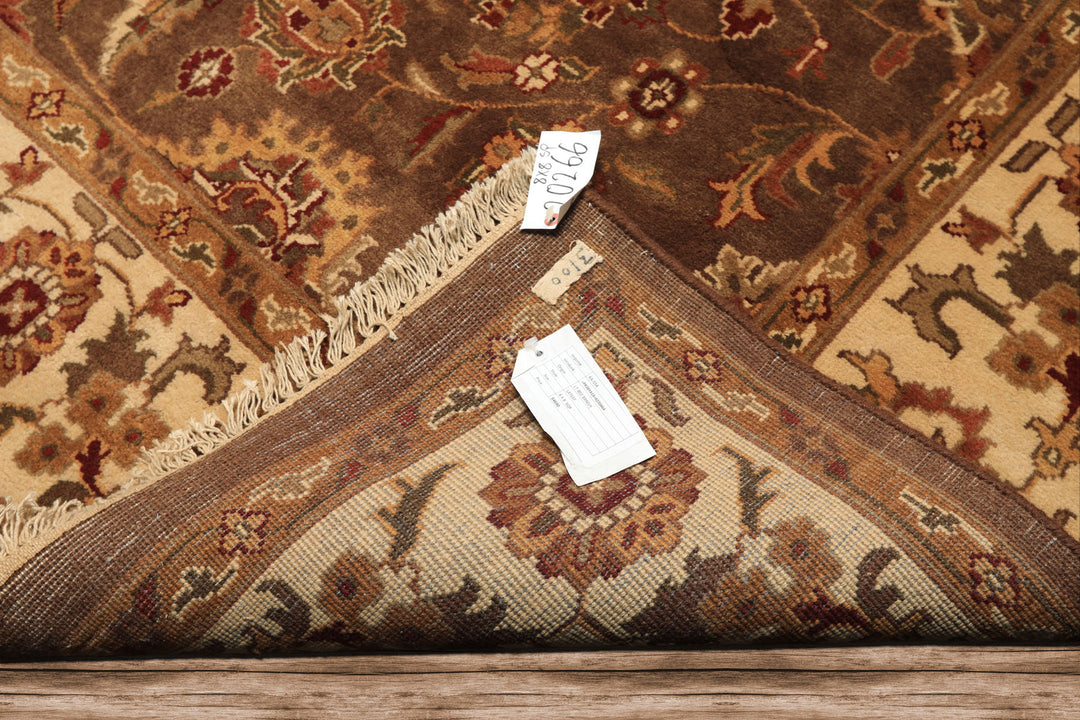Square Brown, Ivory, Rust Color Hand Knotted Agra Wool Traditional Oriental Rug