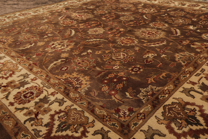 Square Brown, Ivory, Rust Color Hand Knotted Agra Wool Traditional Oriental Rug